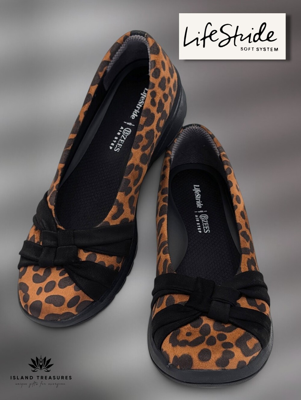 LifeStride Sz 9.5 Glamour Slip On Flat Bzees Air Step Leopard Print Knot Comfort